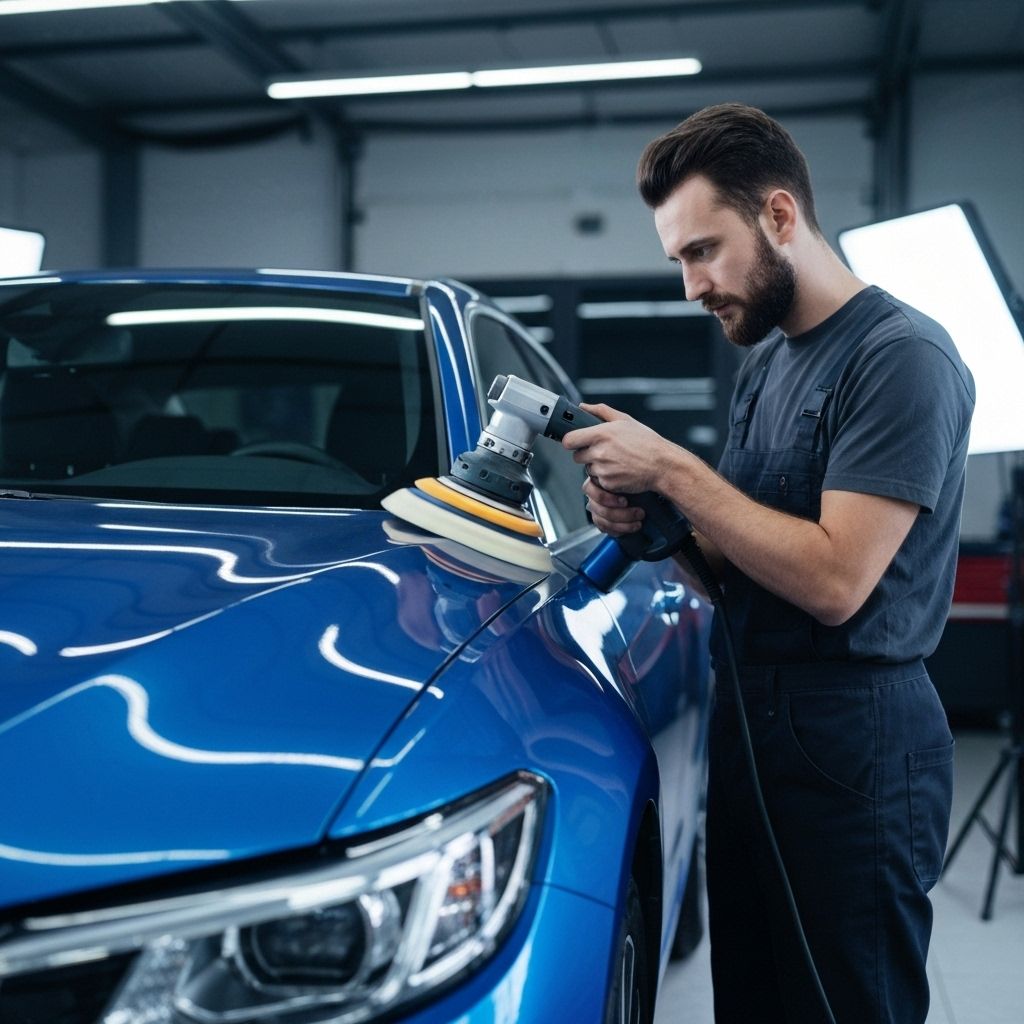 Technician buffing car paint